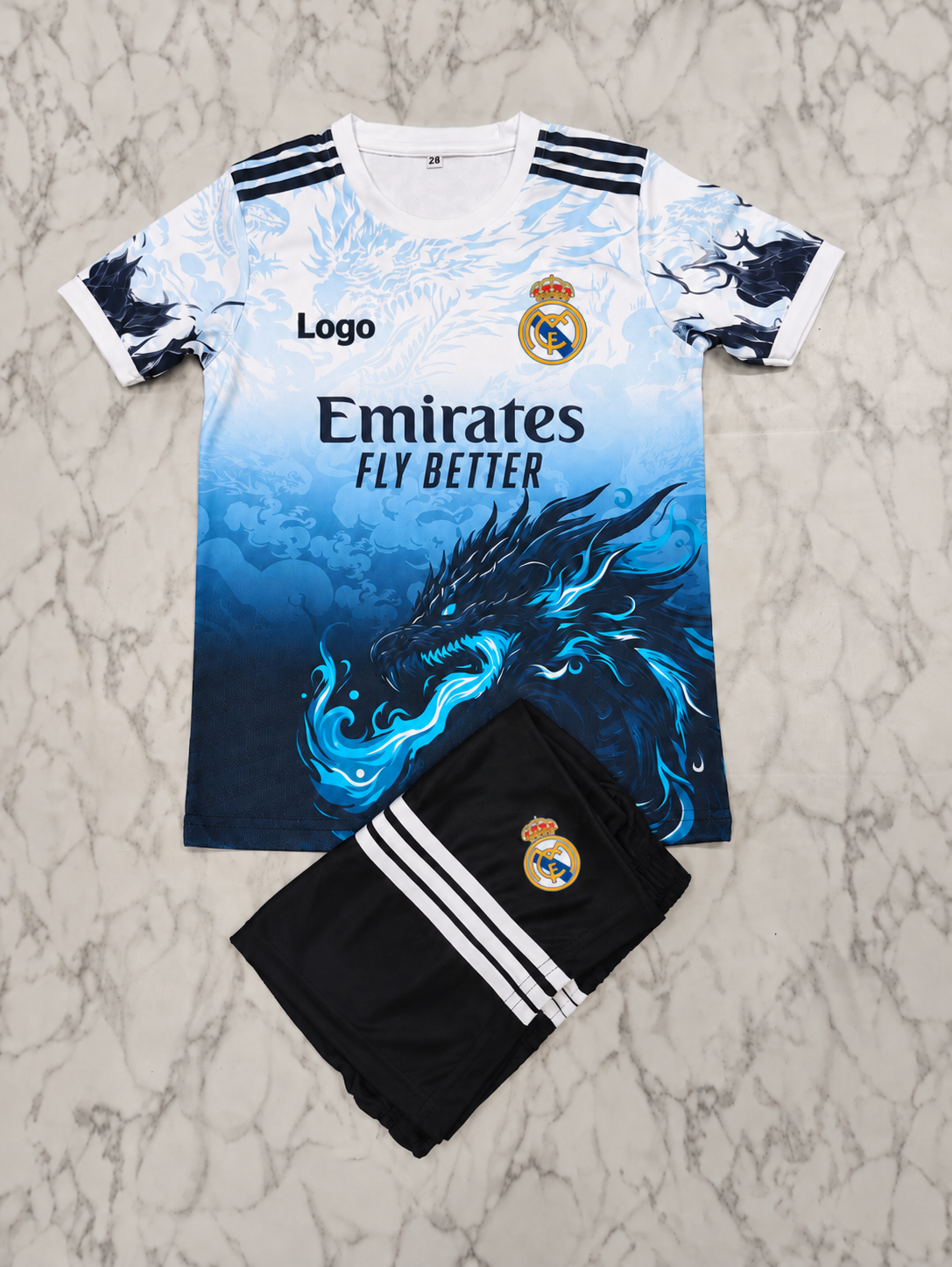 Real Madrid Blue Fire Dragon Kids India Football Jersey Set (Jersey + Shorts)