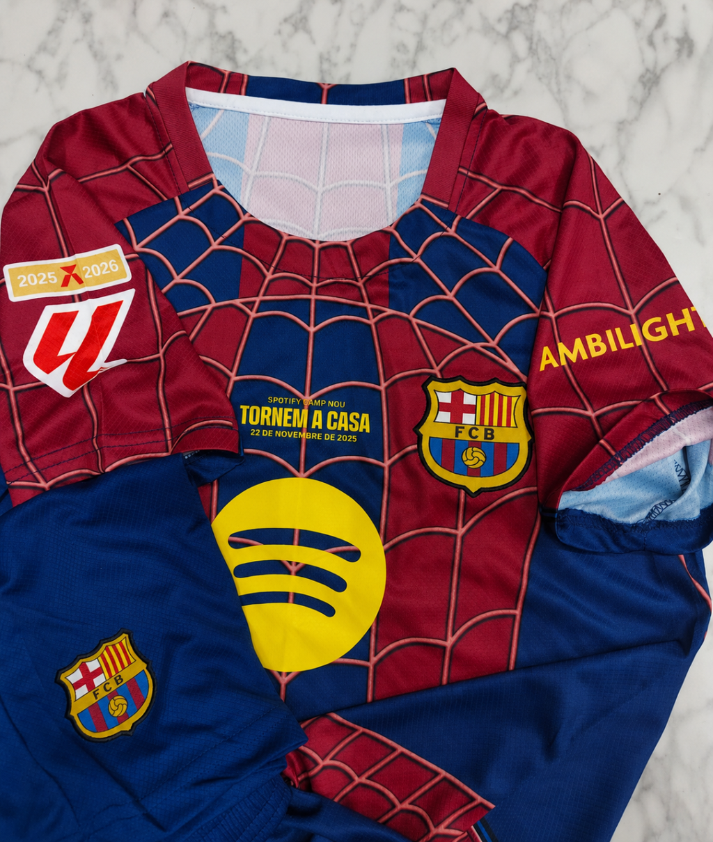 FC Barcelona Special Spiderman Edition 26/27 Football Jersey Set (Jersey + Shorts)