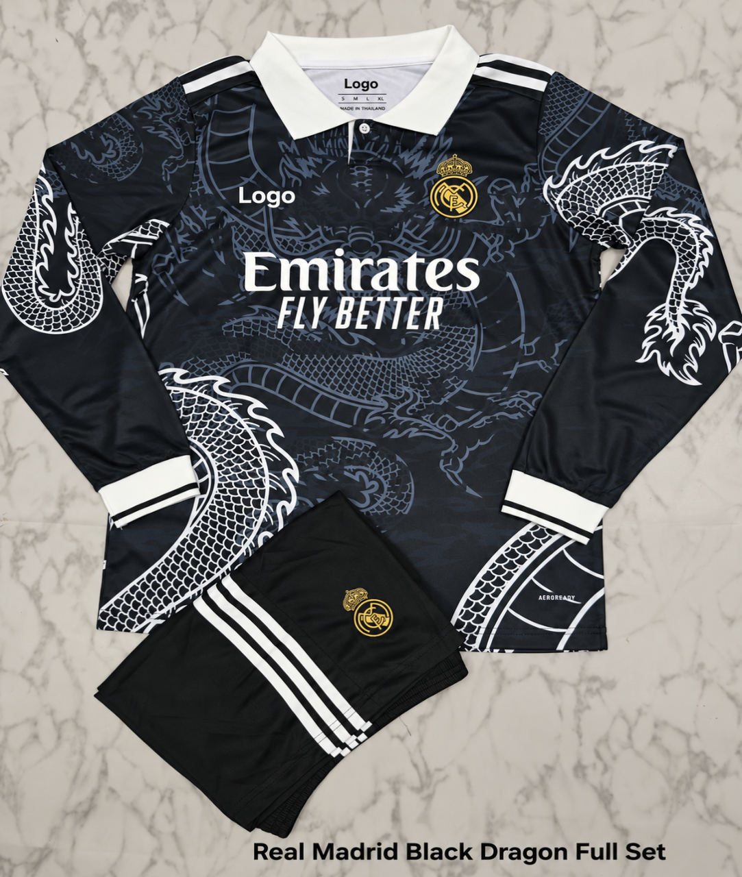 Real Madrid Black Dragon 25/26 Full Sleeves Football Jersey Set (Jersey + Shorts)