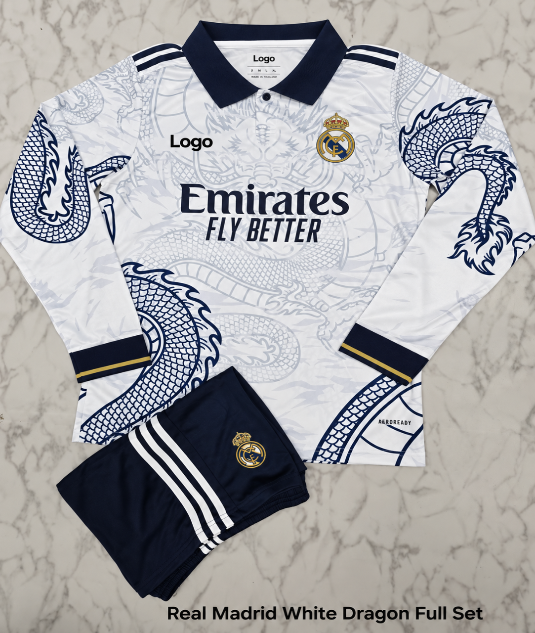 Real Madrid White Dragon 25/26 Full Sleeves Football Jersey Set (Jersey + Shorts)