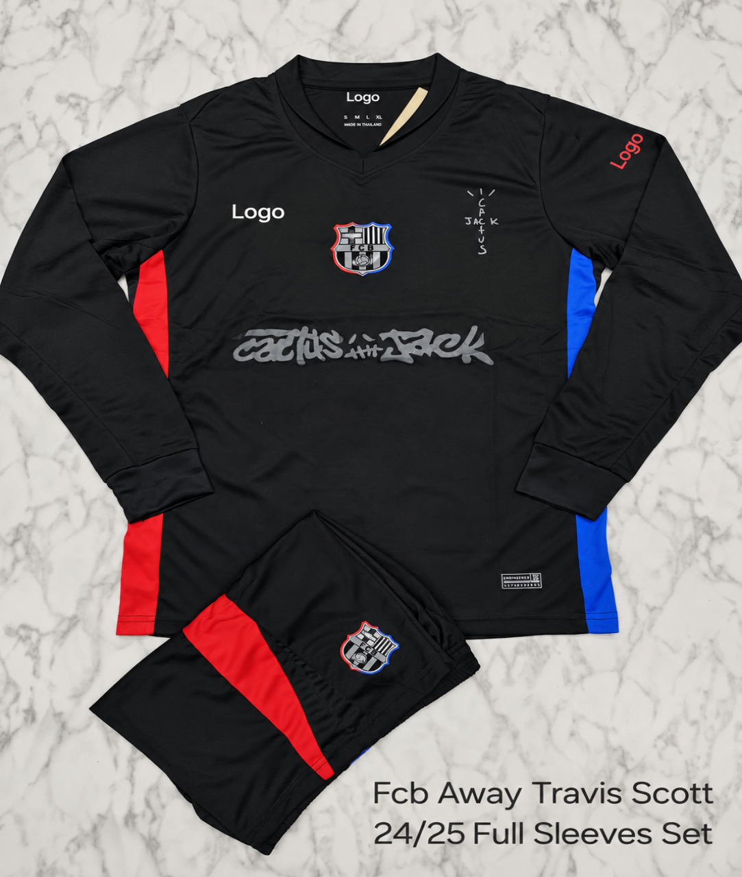 FC Barcelona Away Travis Scott 24/25 Full Sleeves Football Jersey Set (Jersey + Shorts)