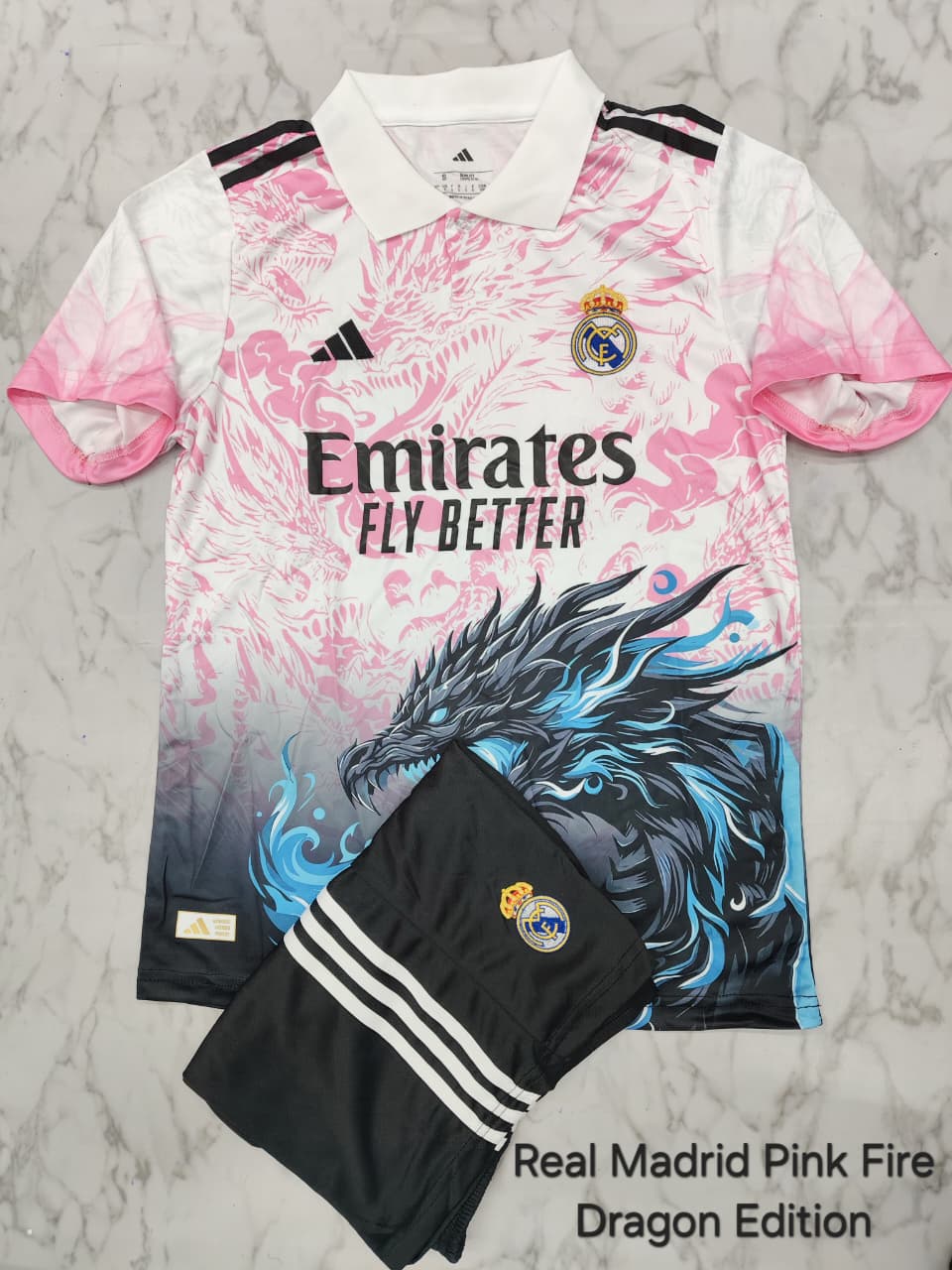 Real Madrid Pink Fire Dragon Football Jersey Set (Jersey + Shorts)